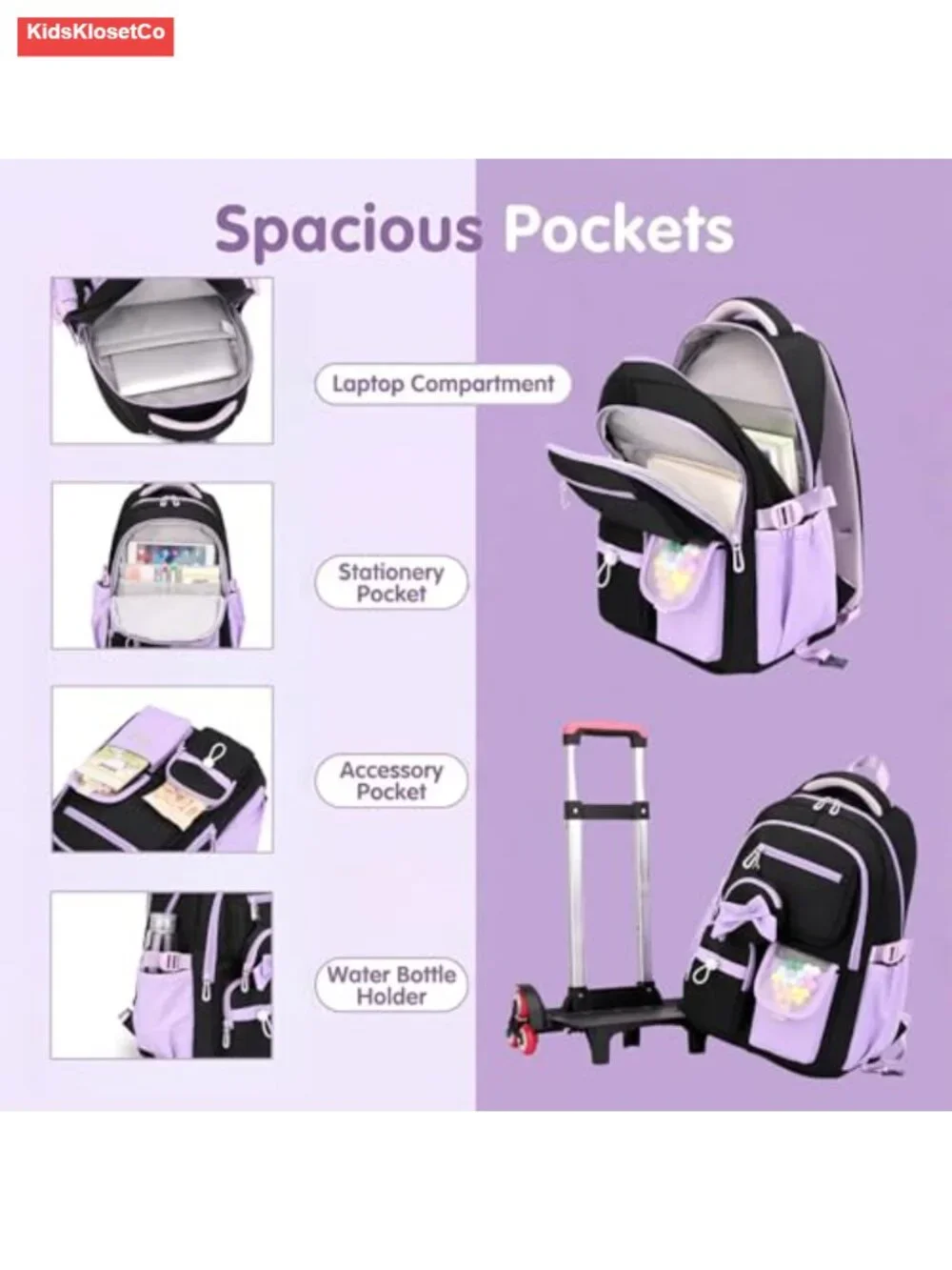 Girls Rolling Backpack with Wheels, Waterproof Nylon Wheeled School Bag with